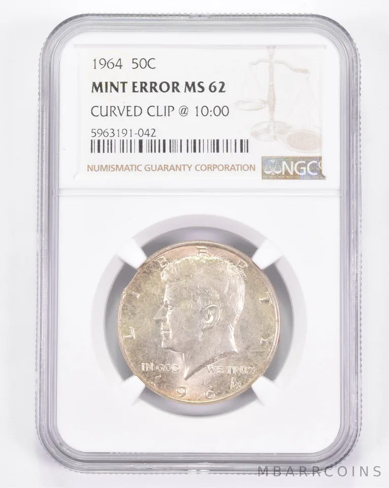 Mint Error MS62 1964 Kennedy Half Dollar - Curved Clip @ 10:00 NGC a8904