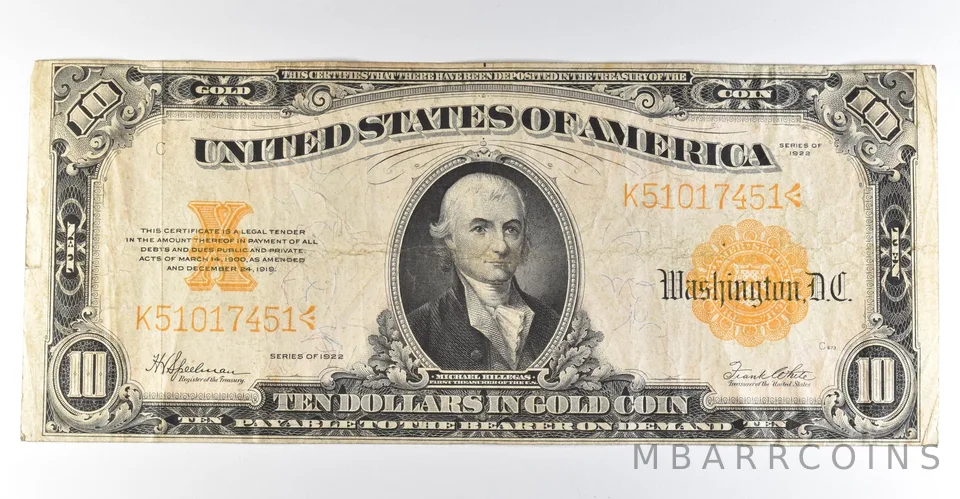 1922 $10 Gold Certificate Large Note Yellow Seal *8356