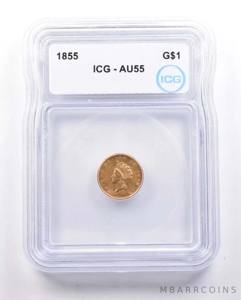 1855 $1 Indian Princess Head Gold Dollar AU55 ICG *4794