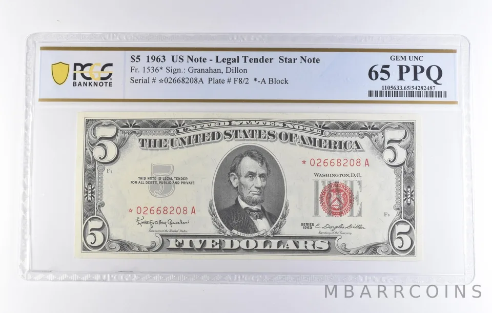 1963 $5 Legal Tender Star Note Fr#1536* Gem Unc 65 PPQ PCGS *8328