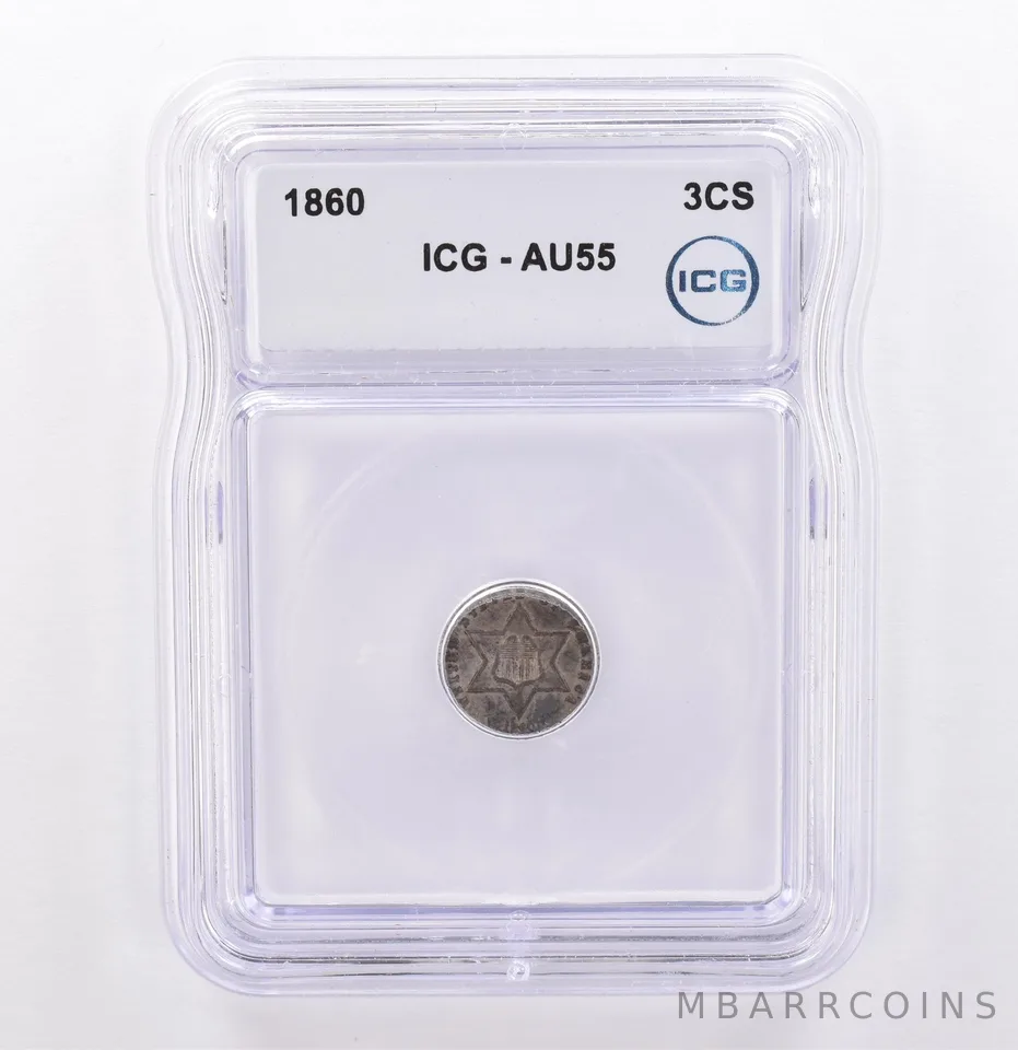 1860 Three Cent Silver Trime AU55 ICG Beautiful Tone *9251