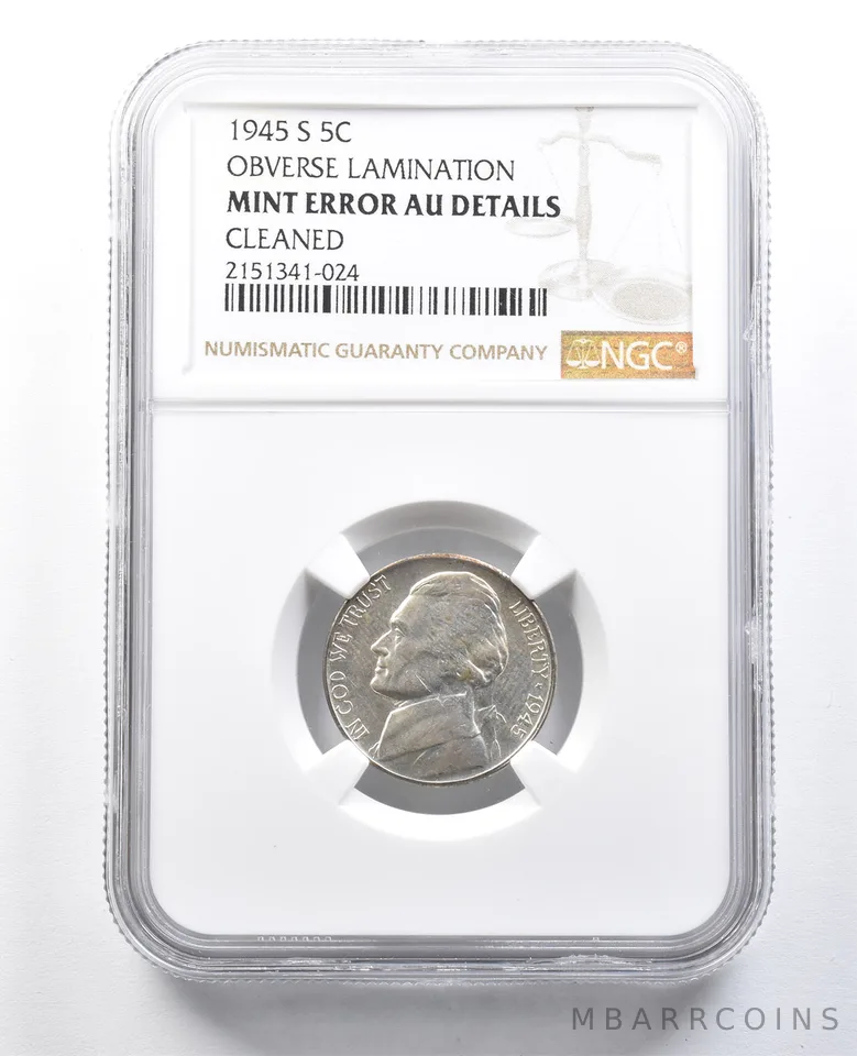 1945-S Jefferson Nickel Mint Error Obv Lamination AU Details Cleaned NGC *8234
