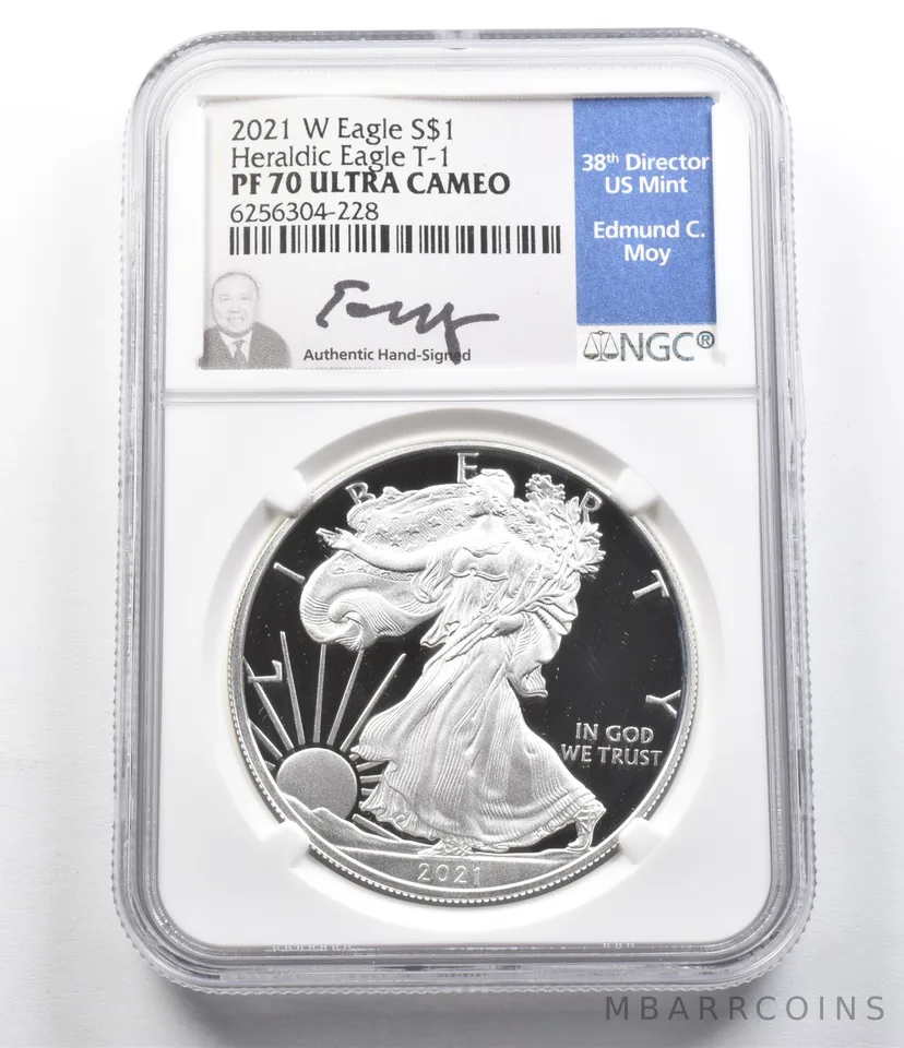 PF70 UCam 2021-W American Silver Eagle Heraldic Eagle T-1 Moy Signed NGC *5853
