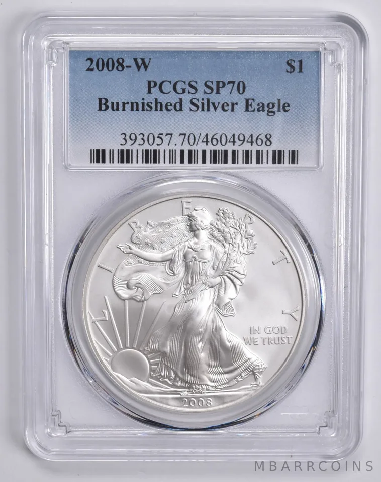 2008-W BURNISHED SILVER EAGLE SP70 PCGS Blue Label