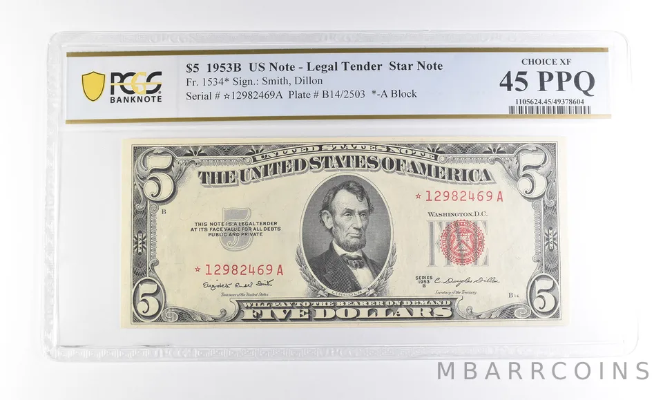 1953 B $5 US Legal Tender Star Note Fr#1534* Choice XF 45 PPQ PCGS a2314
