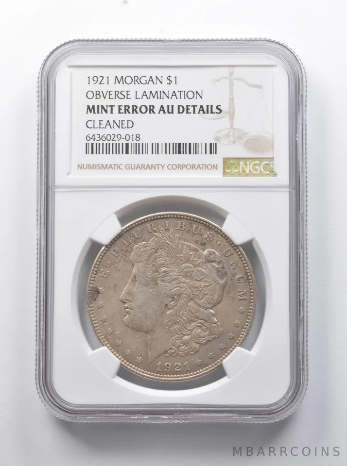 Error AU Details 1921 Morgan Silver Dollar OBV Lamination Cleaned NGC *7937