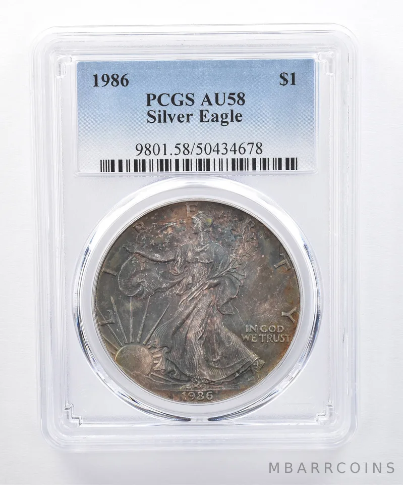 1986 American Silver Eagle AU58 PCGS Blue/Green Tone *8399