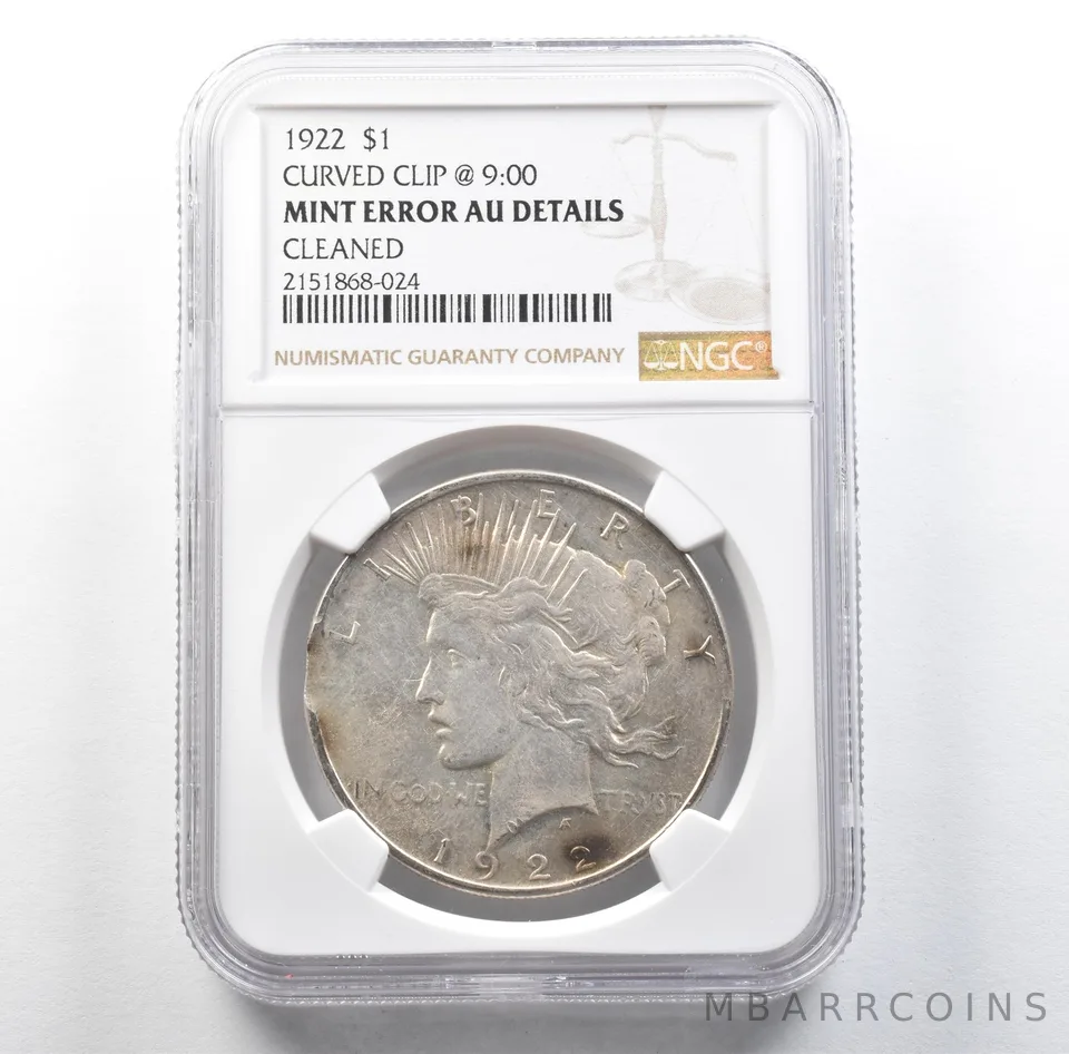 1922 Peace Silver Dollar Mint Error Curved Clip @ 9:00 AU Details NGC *3145