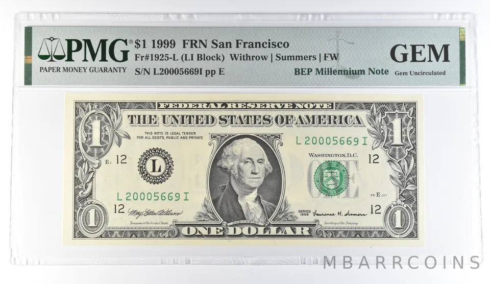 1999 $1 San Francisco FRN Fr#1925-L BEP Millennium Note PMG Fancy Serial a8093