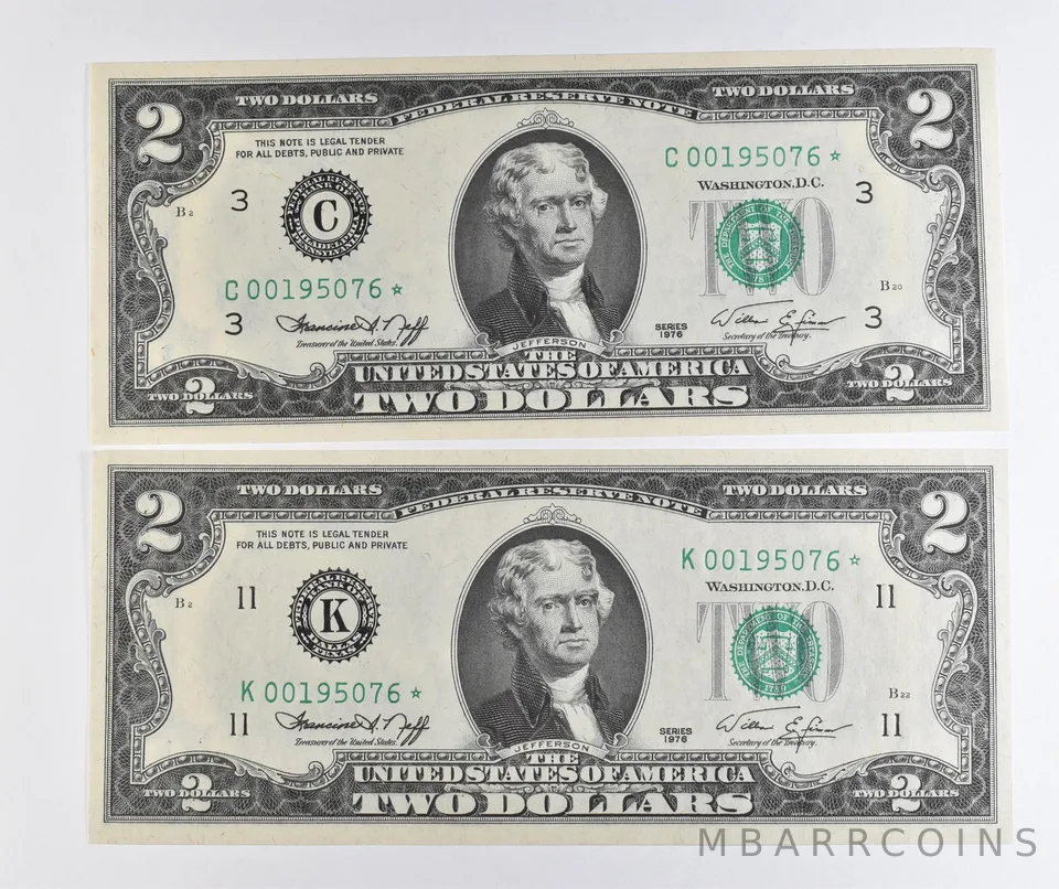 Lot (2) Matching Serial Numbers 1976 $2 Star Note Philadelphia/Dallas FRN *1727