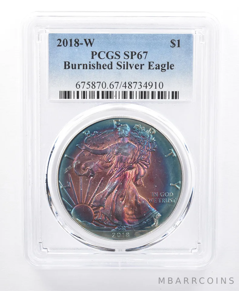 2018-W Burnished Silver Eagle SP67 PCGS Purple/Blue Tone *8689