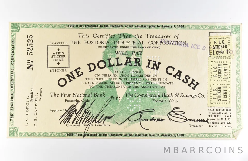 1936 $1 Fostoria OH Industrial Corporation Obsolete Note *8580