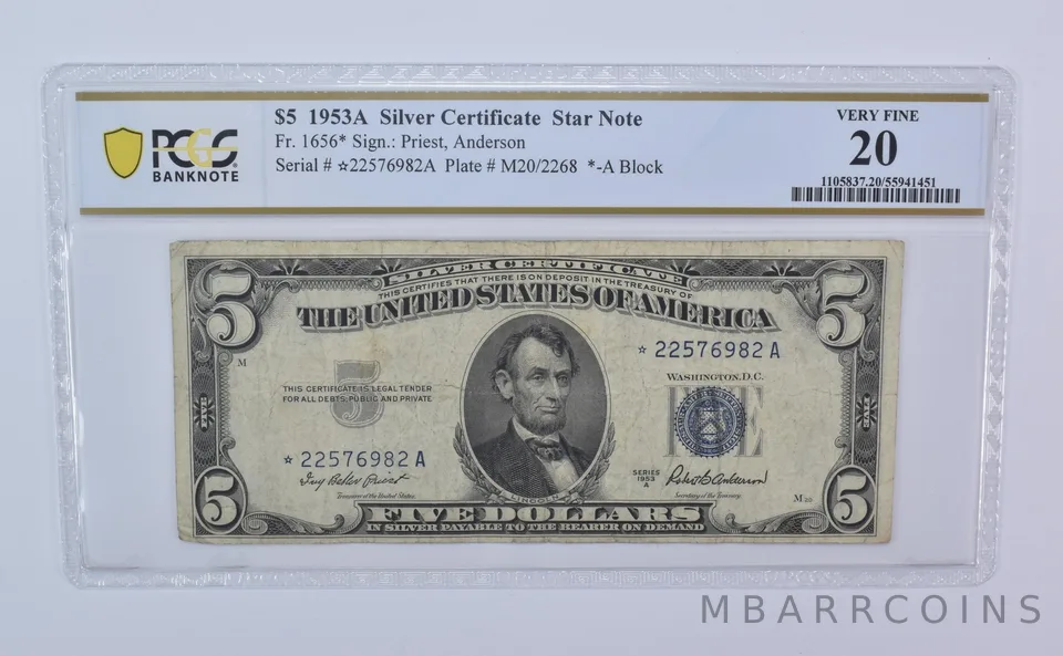 1953 A $5 Silver Certificate Star Note Fr#1656* Very Fine 20 PCGS *8123