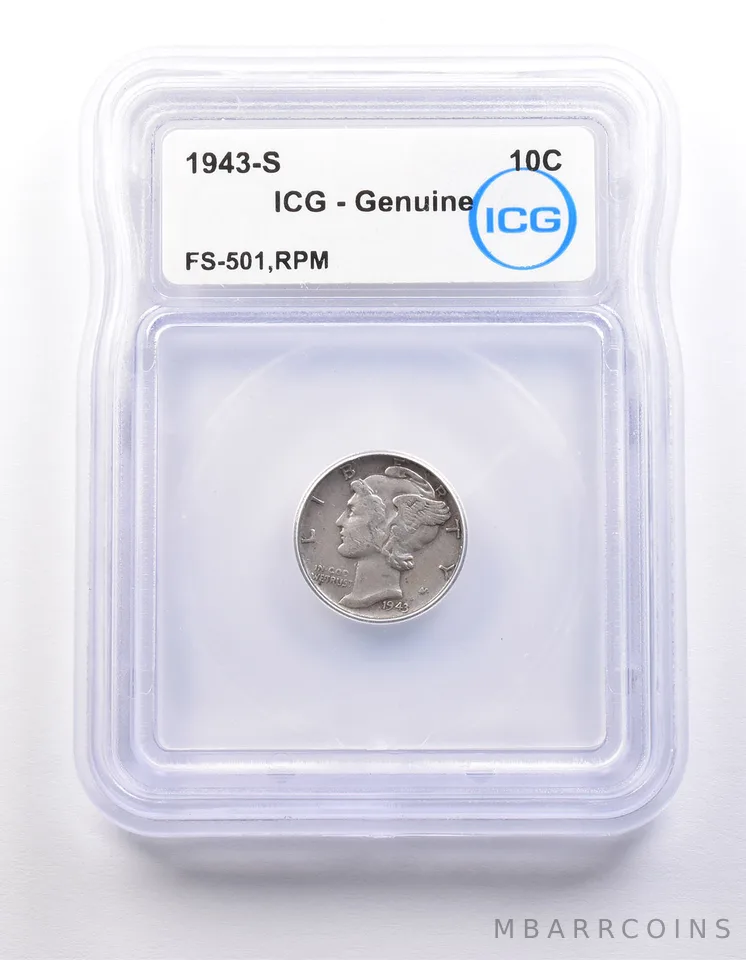 1943-S Mercury Dime FS-501 RPM Genuine ICG a9821