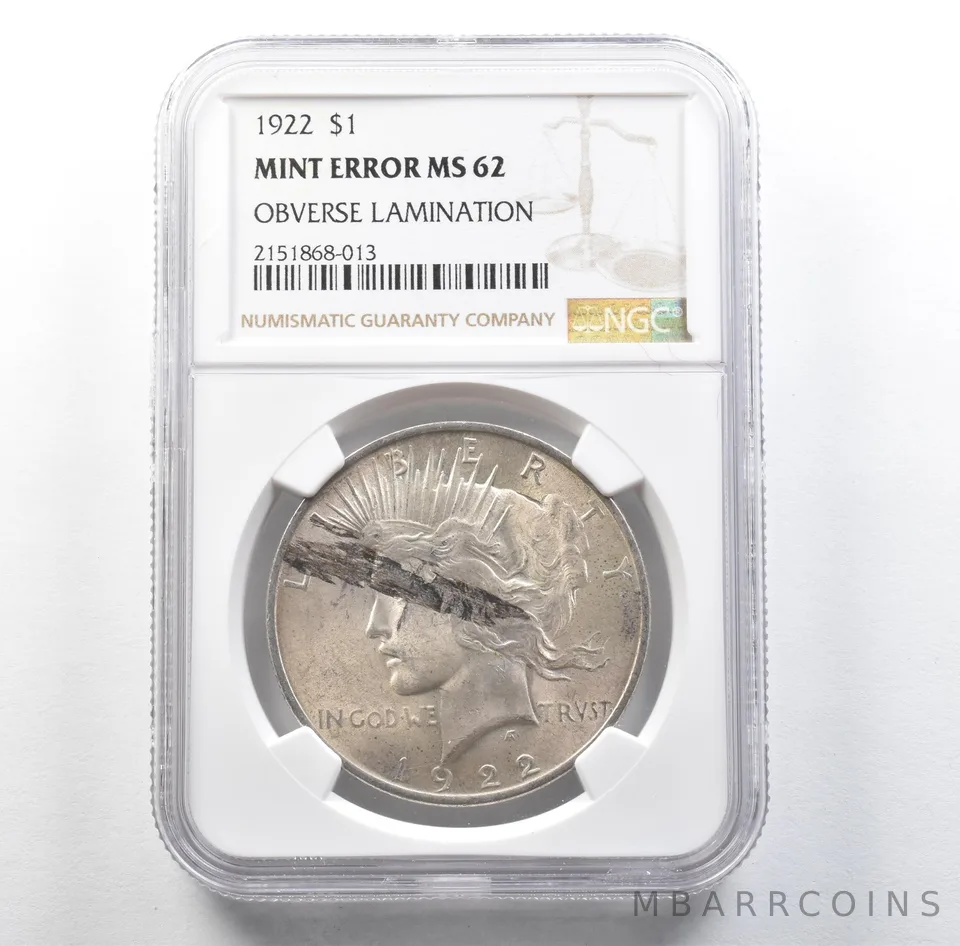 1922 Peace Silver Dollar Mint Error Obverse Lamination MS62 NGC *3139