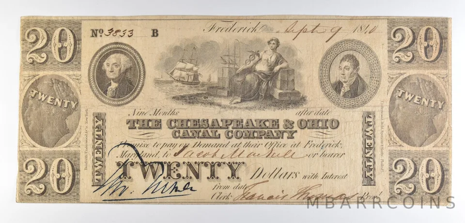 1840 $20 Frederick MD Chesapeake & Ohio Canal Company Obsolete Note *8508