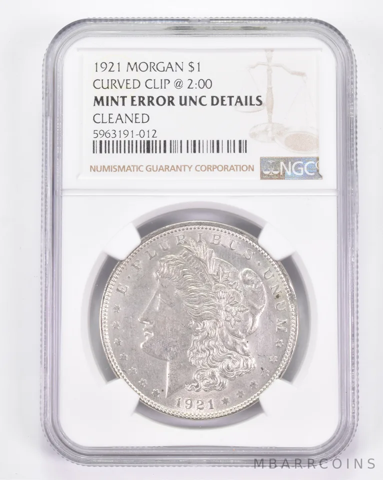 Mint Error UNC Details 1921 Morgan Silver Dollar - Curved Clip @ 2:00 NGC a8853