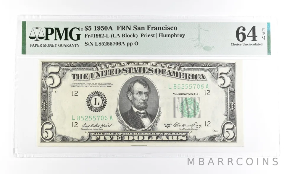 PMG 64 Unc EPQ 1950 A $5 San Francisco, CA US FRN Green Seal Fr#1962-L *1036