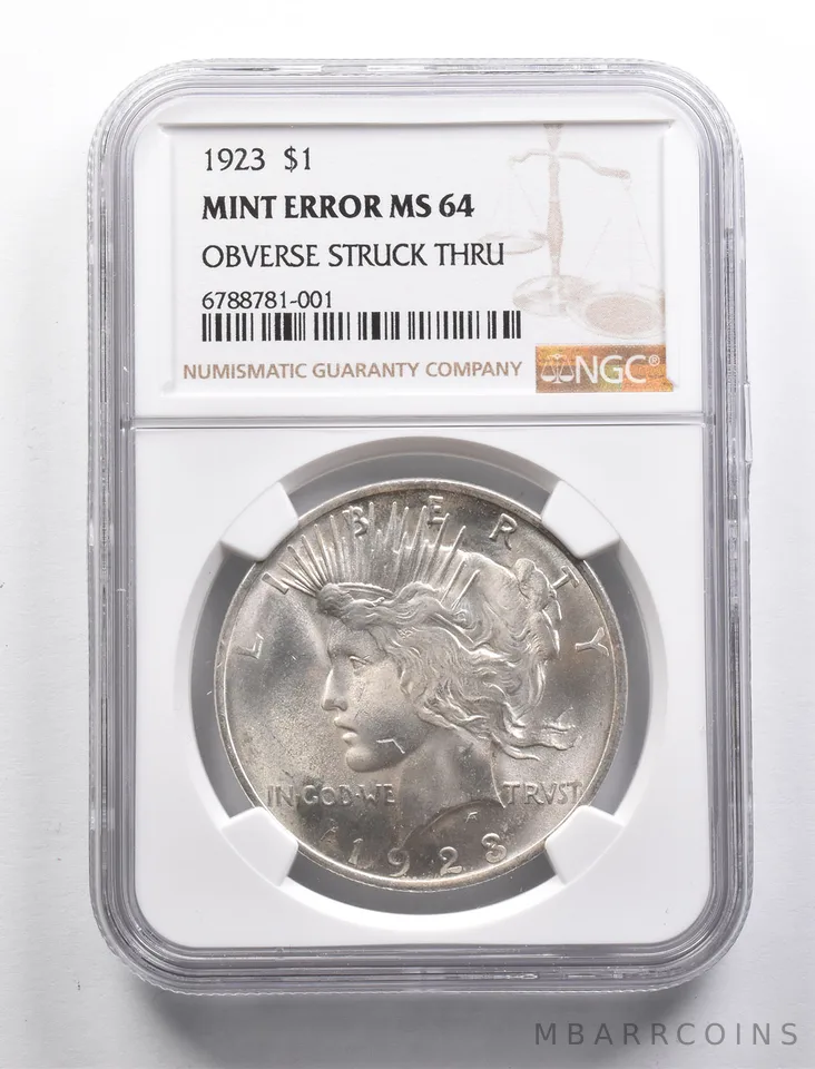 Mint Error 1923 Peace Silver Dollar OBV Struck Thru NGC Noodle on Face *4965