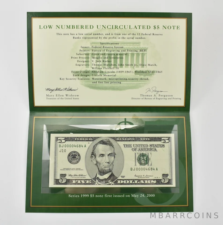 1999 $5 FRN J Bank Low Serial Number BEP *0383