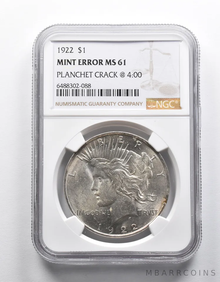 Mint Error MS61 1922 Peace Silver Dollar Planchet Crack @4:00 NGC a1911