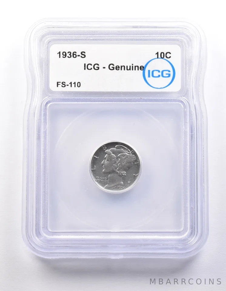 1936-S Mercury Dime FS-110 Genuine ICG *9822