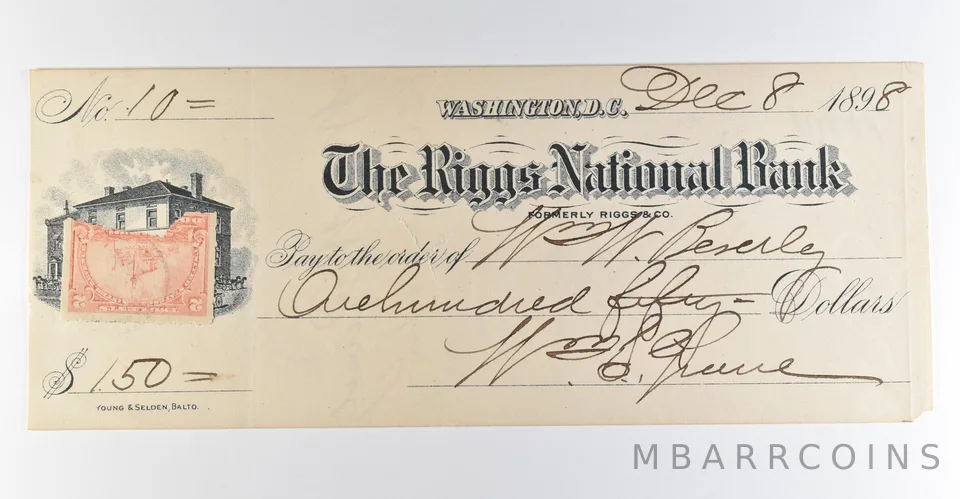 1898 Washington DC Riggs National Bank Check $150 *8477