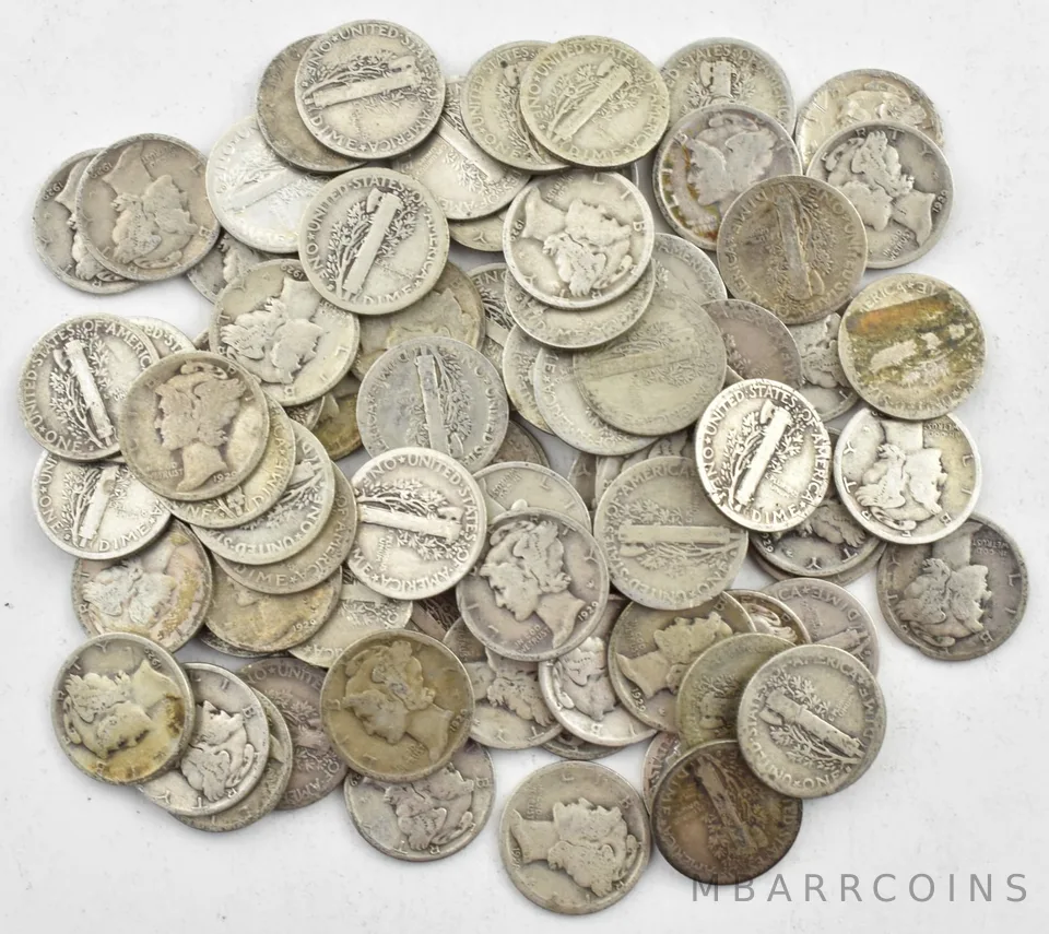 1929-S Mercury 90% Silver Dime Roll Lot of 50 PCS $5 Face