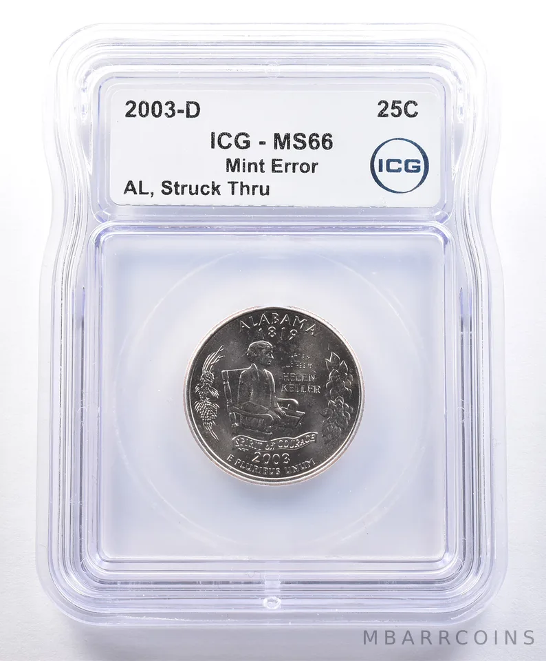 2003-D Washington State Quarter Alabama Mint Error Struck Thru MS66 ICG *4051