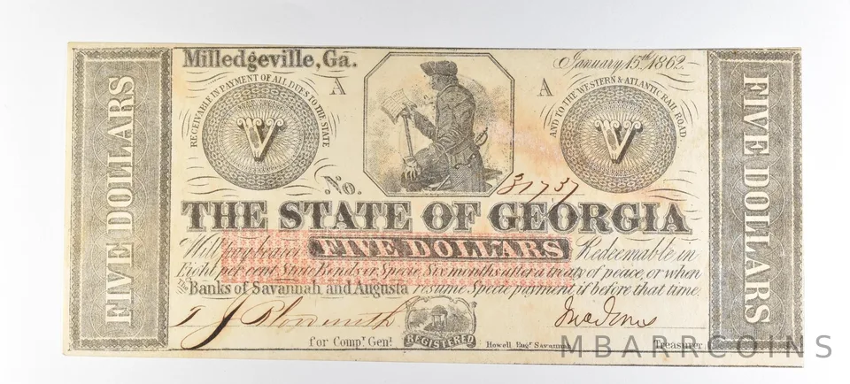 1862 $5 Milledgeville GA Obsolete Note *8801