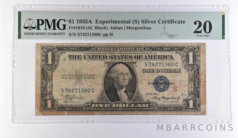 1935 A $1 Experimental (S) Silver Certificate Fr#1610 VF 20 PMG *9400