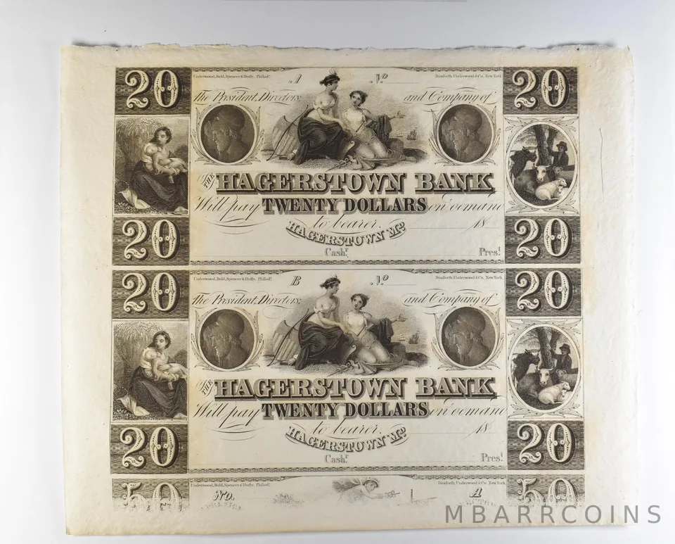 Lot (2) 1800s $20 Hagerstown MD Bank Obsolete Note Uncut *8703