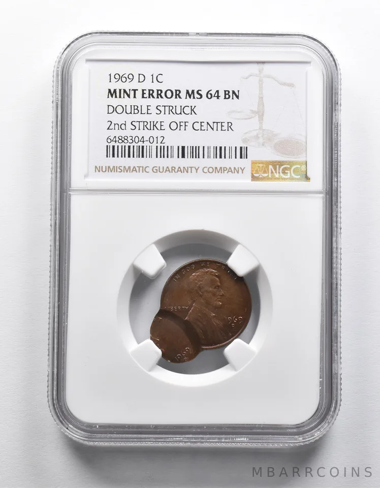 Mint Error MS64 1969-D Lincoln Cent DBL Struck 2nd Strike Off Center NGC *1949