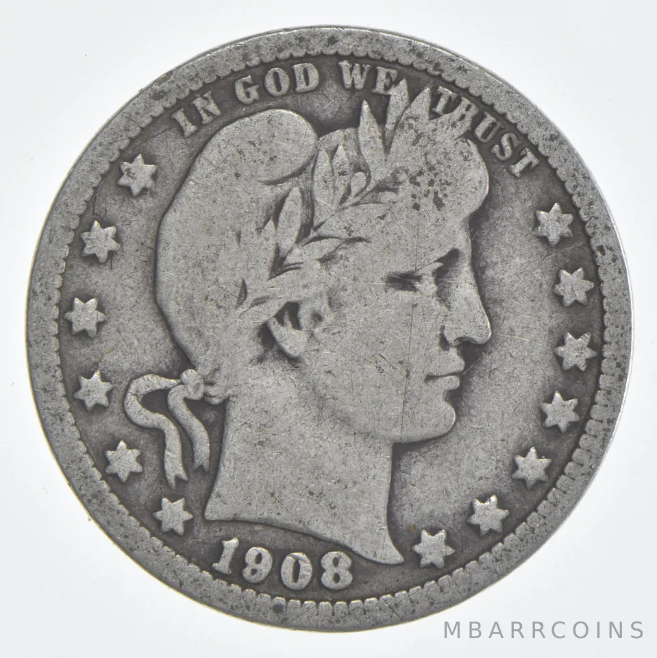 1908-D Barber Quarter 90% Silver VG Condition