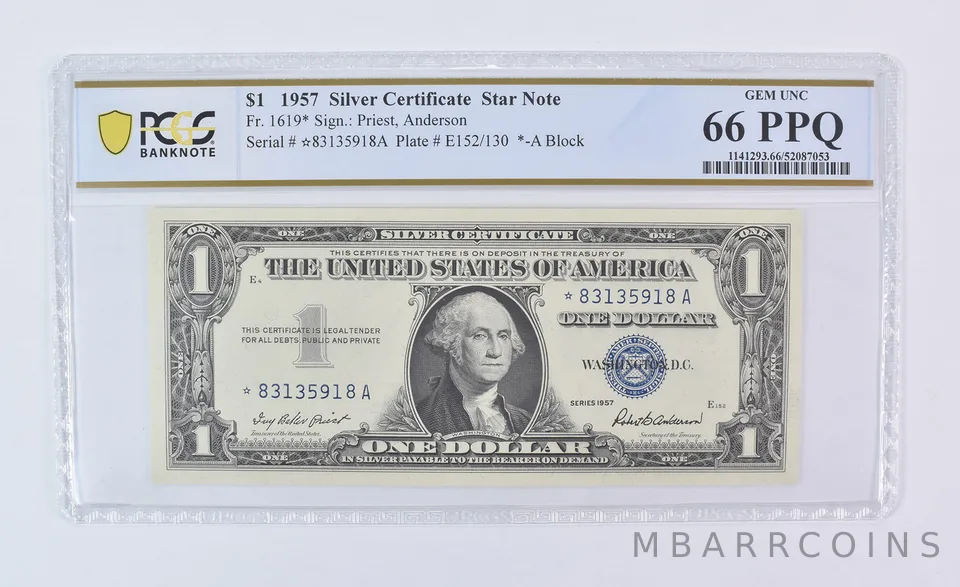 1957 $1 Silver Certificate Star Note Fr#1619* Gem Unc 66 PPQ PCGS