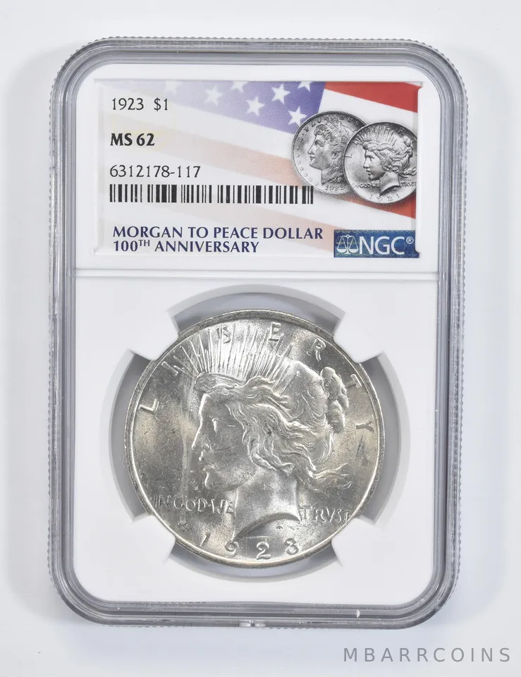1923 Peace Silver Dollar MS62 NGC Flag 2021 100th Ann Label