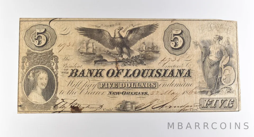 1862 $5 New Orleans LA Bank Of Louisiana Obsolete Note *3797