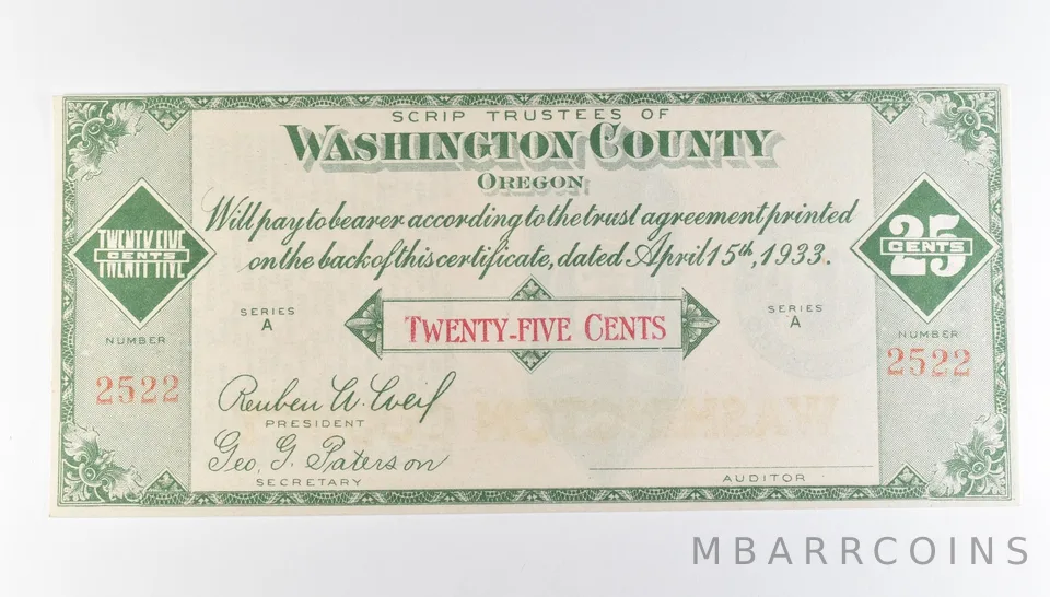 1933 25 Cent Washington County OR Scrip a9765