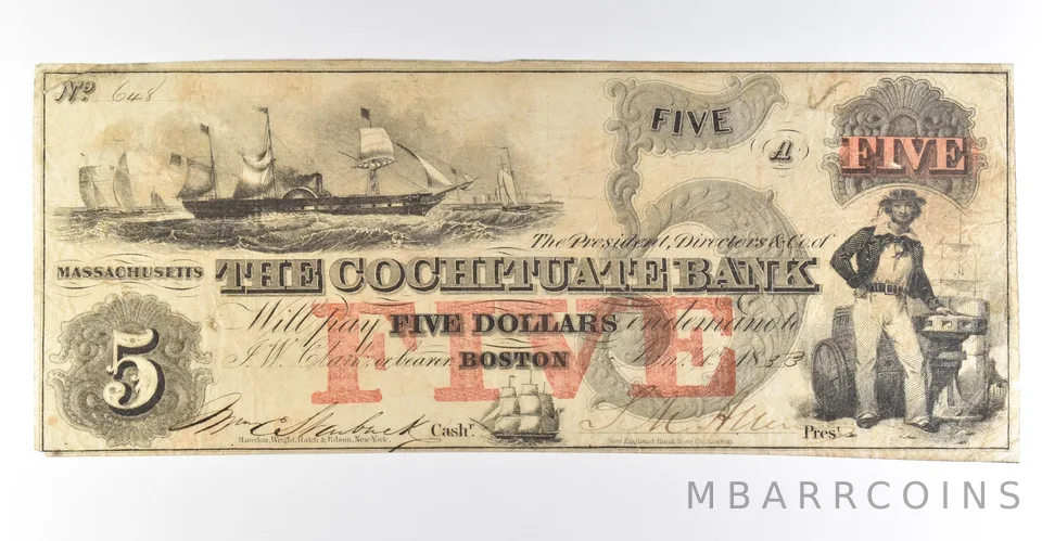 1853 $5 Boston MA Cochituate Bank Obsolete Note *8425