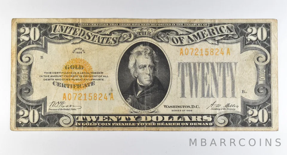 1928 $20 Gold Certificate Yellow Seal *8229