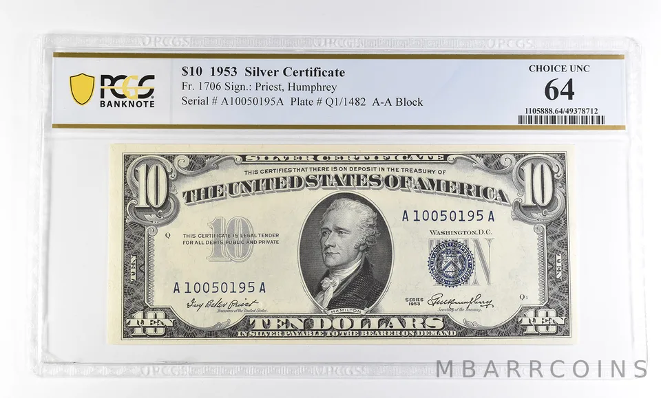 1953 $10 Silver Certificate Fr#1706 Choice Unc 64 PCGS a2768