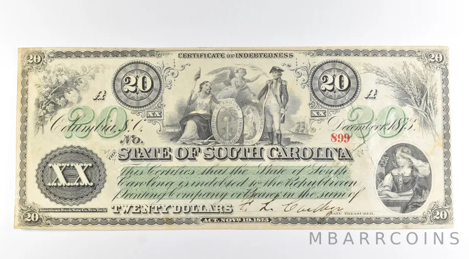 1873 $20 State Of South Carolina Large Note C#17 PI.#B a8471
