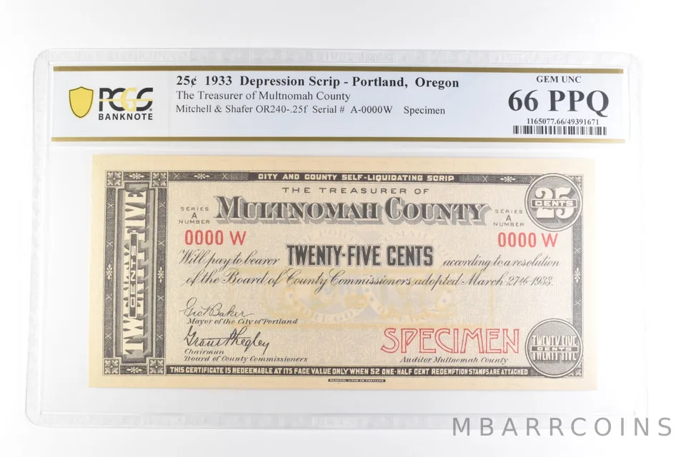 1933 25 Cents Scrip Portland OR Multnomah County Gem Unc 66 PPQ PCGS *2095