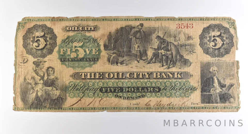 1864 $5 Oil City Bank PA Obsolete Note *3785