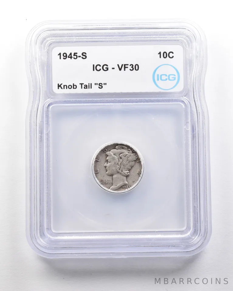 1945-S Mercury Dime Mint Error Knob Tail "S" VF30 ICG a1713