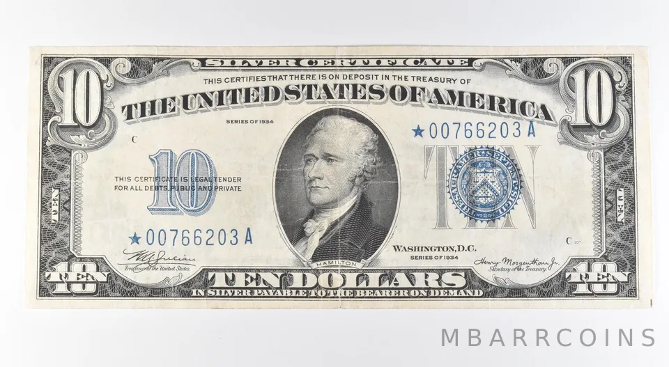 1934 $10 Silver Certificate Star Note Mule Blue Seal Fr#1701* Mule *9600