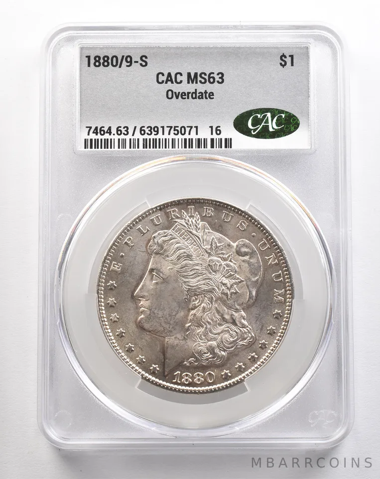 1880/9-S Morgan Silver Dollar Overdate MS63 CAC CACg *4360