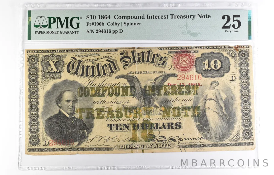 1864 $10 Compound Interest Treasury Note Fr#190b 25 VF PMG a1950
