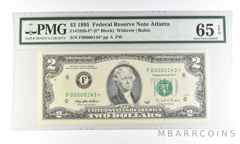 1995 $2 Atlanta GA FRN Fr#1936-F* Star Error Gem Unc 65 EPQ PMG Low Serial *5461