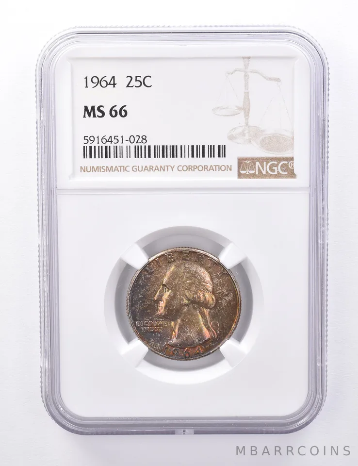 MS66 1964 Washington Quarter - Graded NGC Rainbow Toned a4390